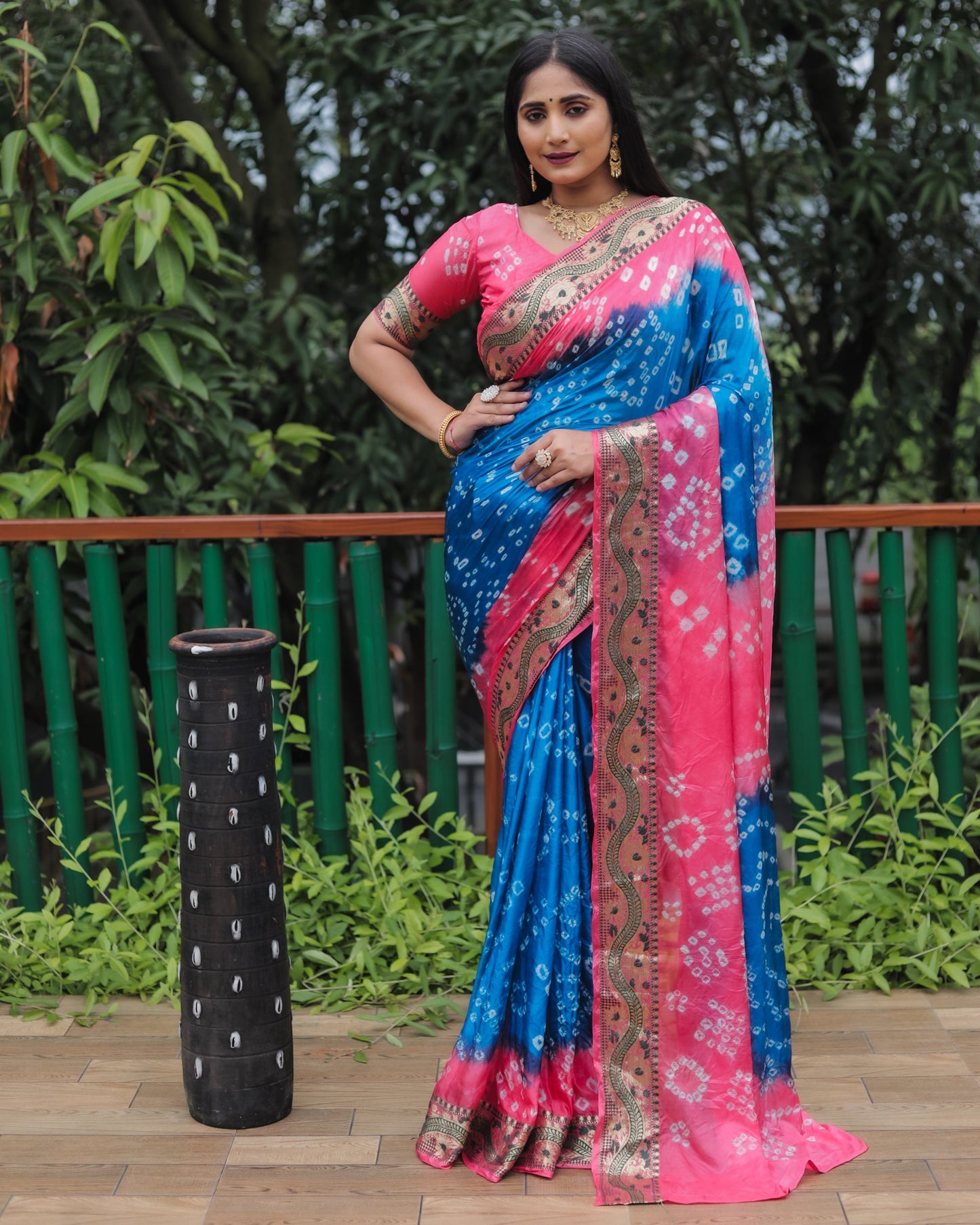 Lorenvalley Premium Pure Bandhej Tapeta Soft light weight silk saree with zari weaving Border - Multicolor - Swadesiicart