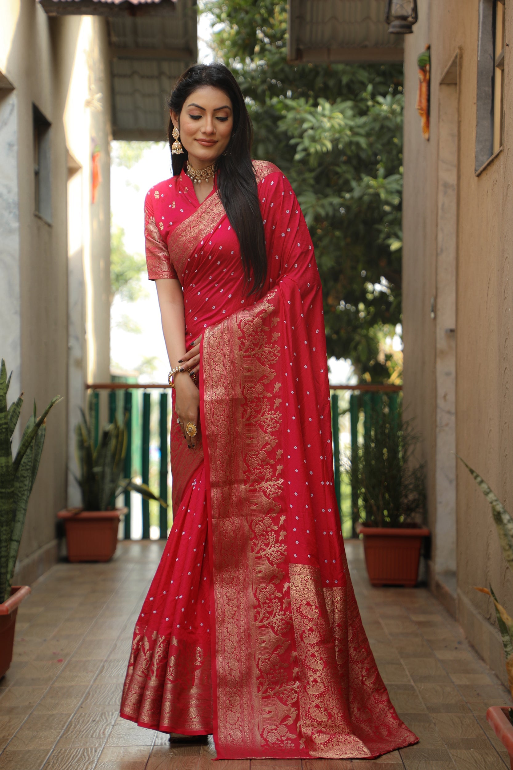 Lorenvalley Premium Pure Handmade Bandhej Kanjivaram silk saree with Zari Weaving Rich Pallu saree - Ranipink - Swadesiicart