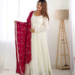 Lorenvalley White Vichitra Silk Fabric Fully Flared Anarkali Pant With Dupatta Set | Swadesiicart