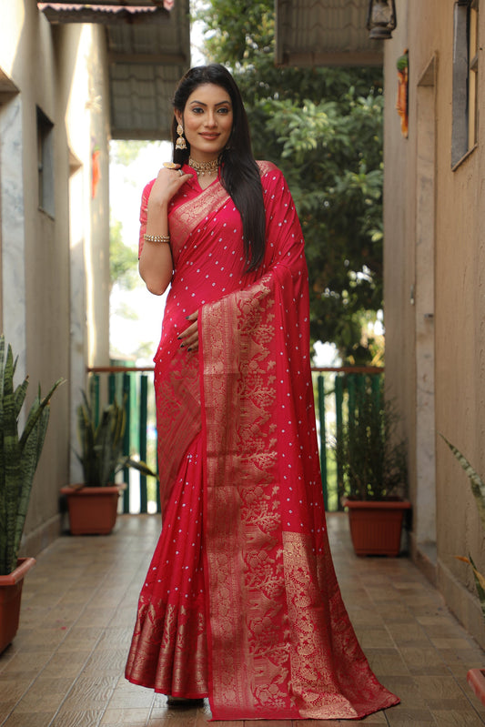 Lorenvalley Premium Pure Handmade Bandhej Kanjivaram silk saree with Zari Weaving Rich Pallu saree - Ranipink - Swadesiicart