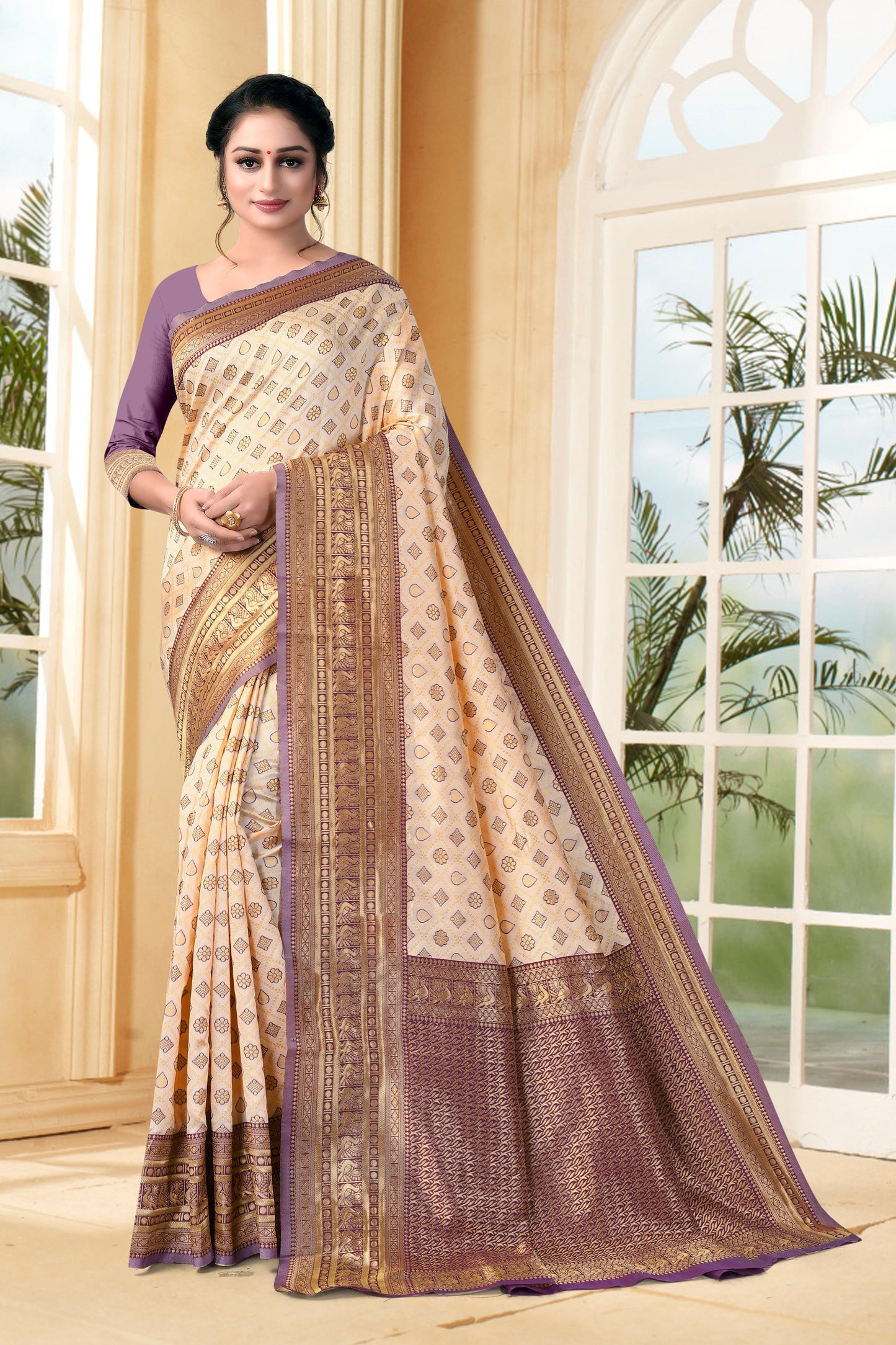 Vedant Vastram Litchi Silk Designer Banarasi Saree - Cream | Swadesiicart