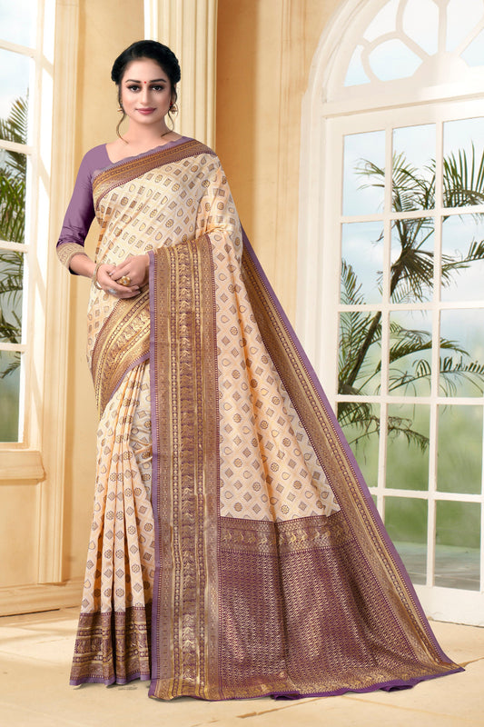 Vedant Vastram Litchi Silk Designer Banarasi Saree - Cream | Swadesiicart