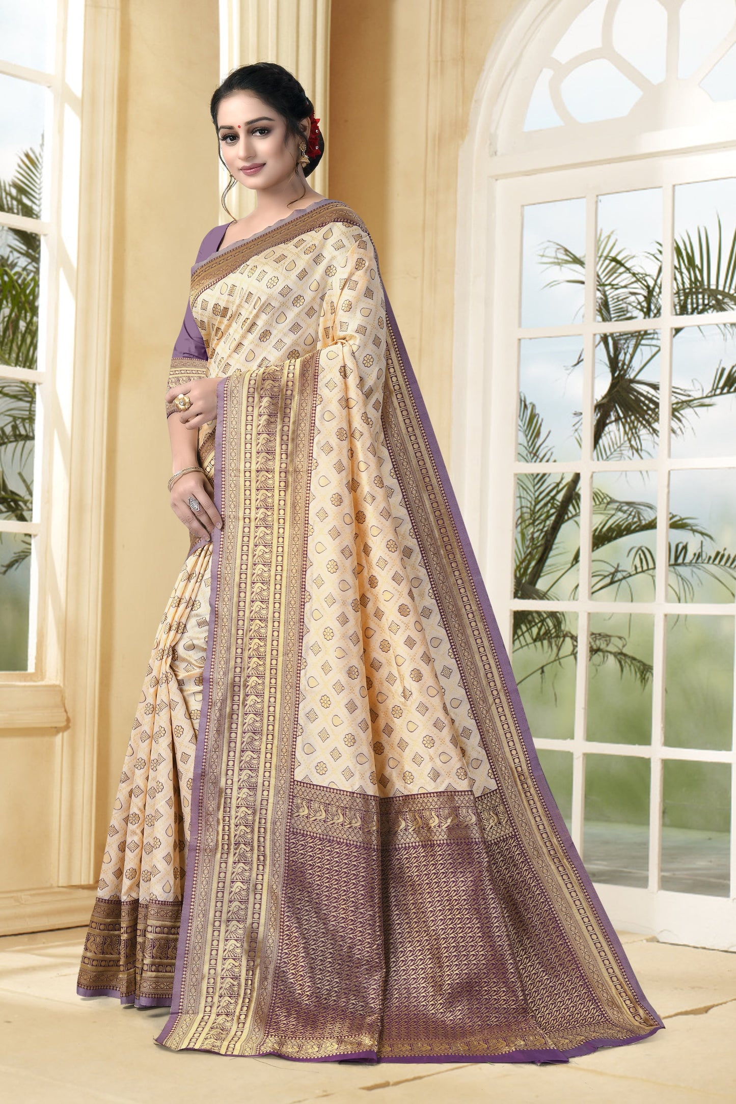 Vedant Vastram Litchi Silk Designer Banarasi Saree - Cream | Swadesiicart