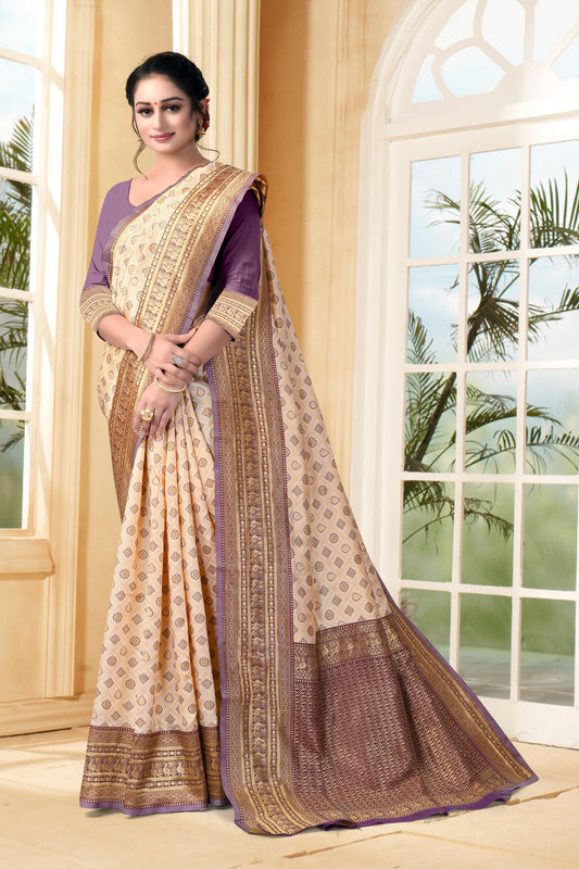 Vedant Vastram Litchi Silk Designer Banarasi Saree - Cream | Swadesiicart