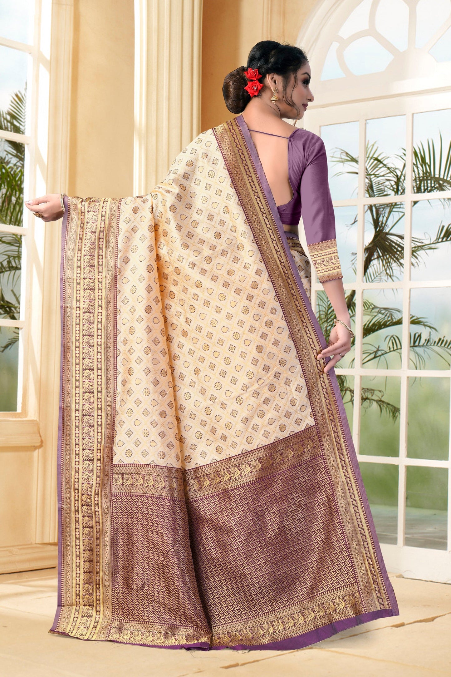 Vedant Vastram Litchi Silk Designer Banarasi Saree - Cream | Swadesiicart