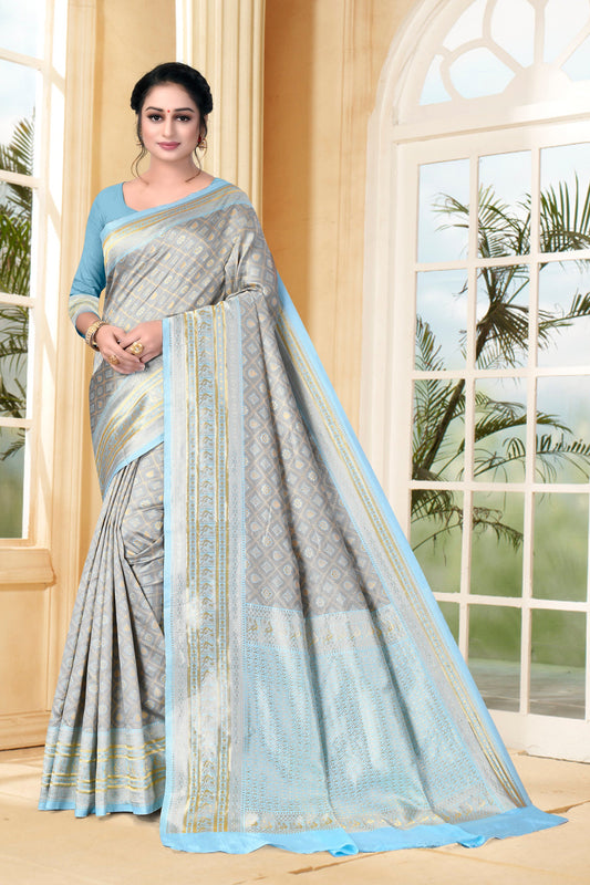 Vedant Vastram Litchi Silk Designer Banarasi Saree - Grey | Swadesiicart