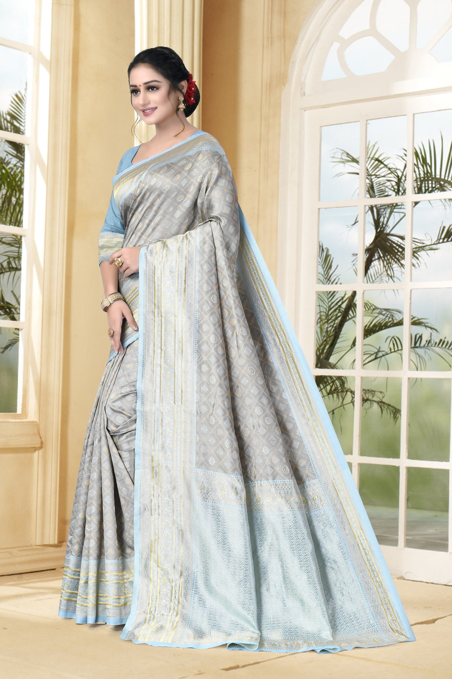 Vedant Vastram Litchi Silk Designer Banarasi Saree - Grey | Swadesiicart