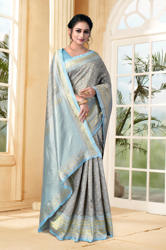 Vedant Vastram Litchi Silk Designer Banarasi Saree - Grey | Swadesiicart