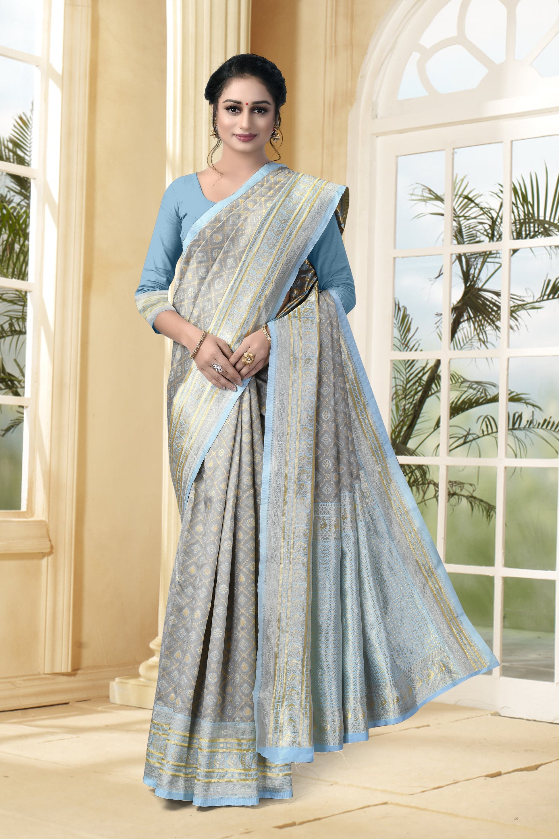 Vedant Vastram Litchi Silk Designer Banarasi Saree - Grey | Swadesiicart