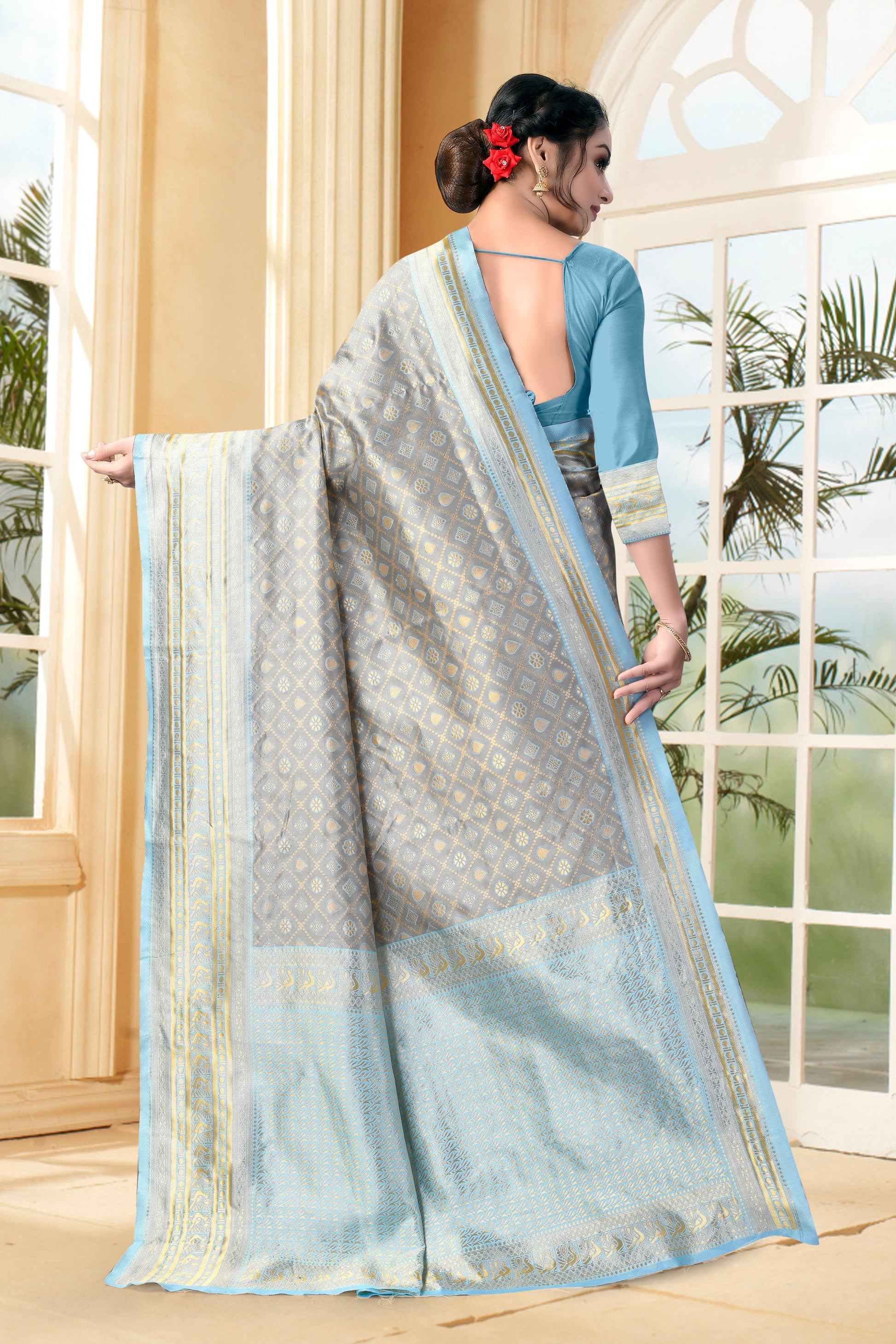 Vedant Vastram Litchi Silk Designer Banarasi Saree - Grey | Swadesiicart