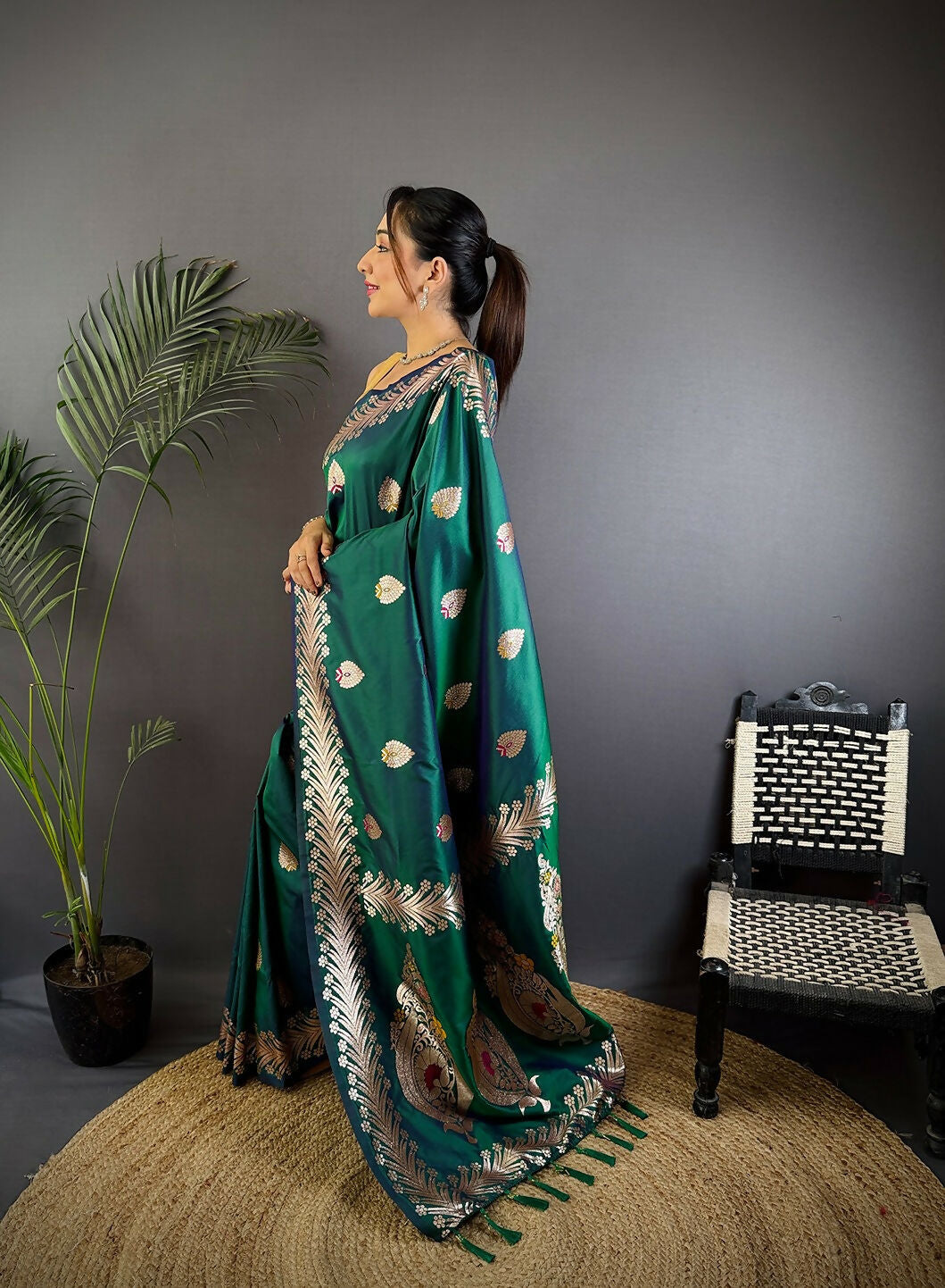 Joban Fashion Banarasi Dusty Teal Woven Soft Silk Saree | Swadesiicart