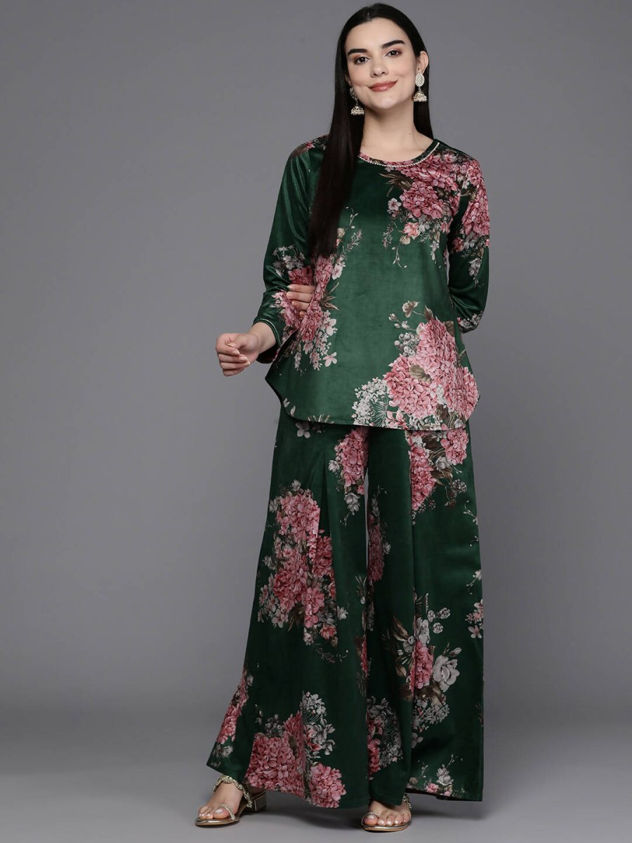 Ahalyaa Women Floral Printed Velvet Tunic with Palazzos - Green Color | Swadesiicart
