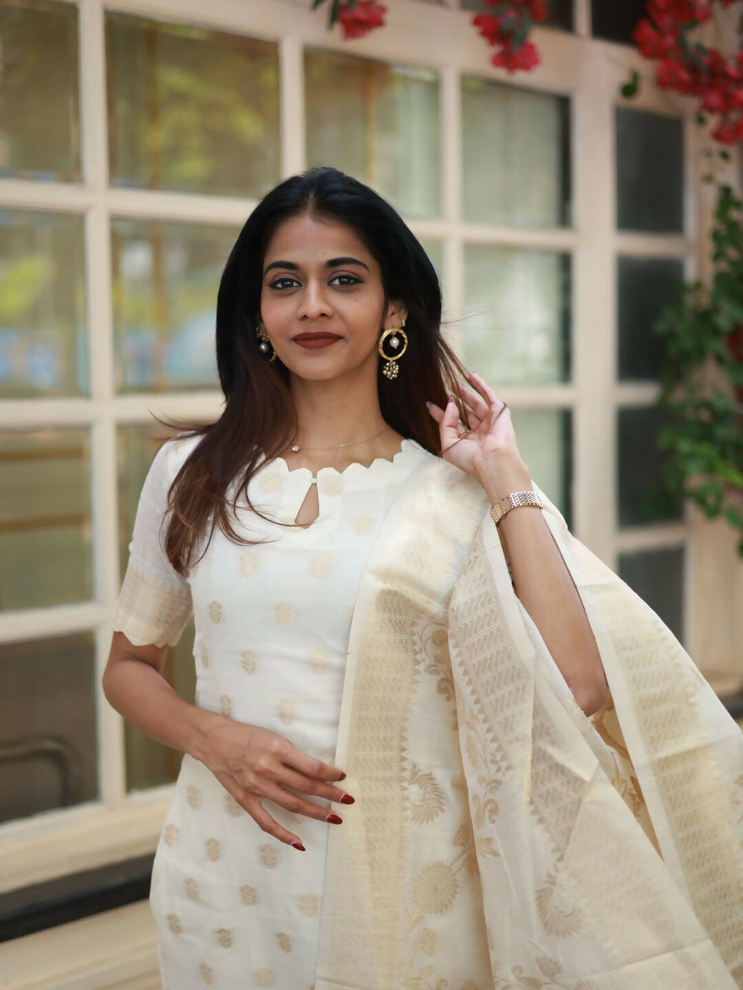 The52 White Women's Beautiful Viscose Jacquard Fabric Printed Work Straight Kurta Pant and Dupatta Set - Swadesiicart