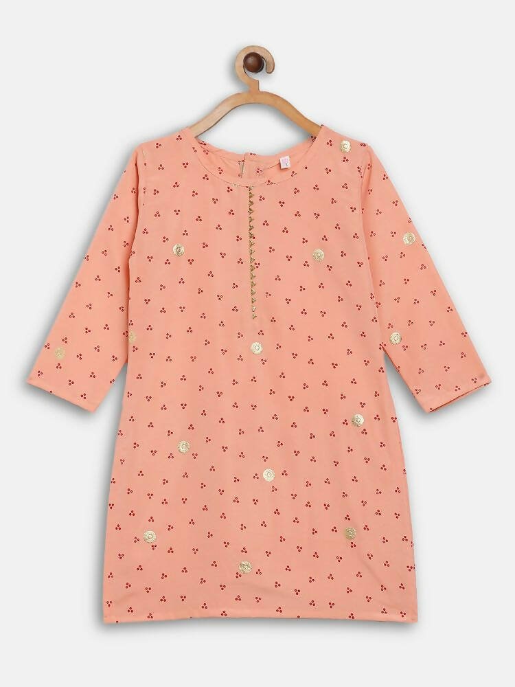 Ahalyaa Peach Crepe Gold Printed Kids Kurta Sets With Dupatta For Girls | Swadesiicart