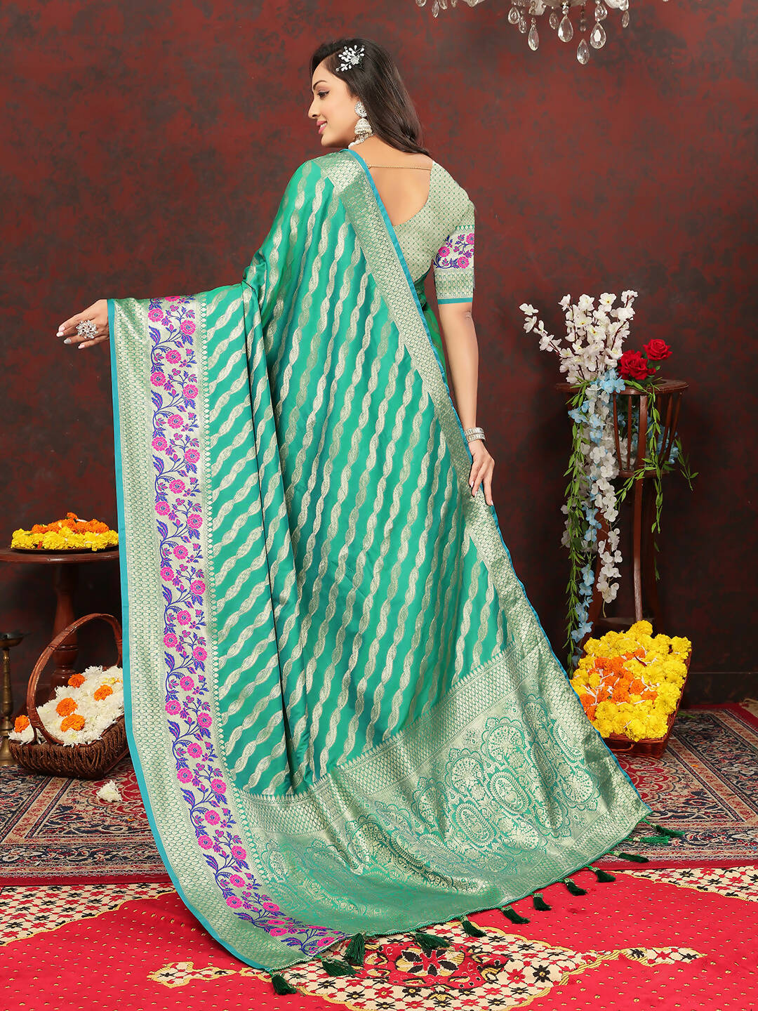 Lorenvalley Fashion Teal Soft Silk Woven Design with Zari Weaving Leheriya Design Saree - Swadesiicart