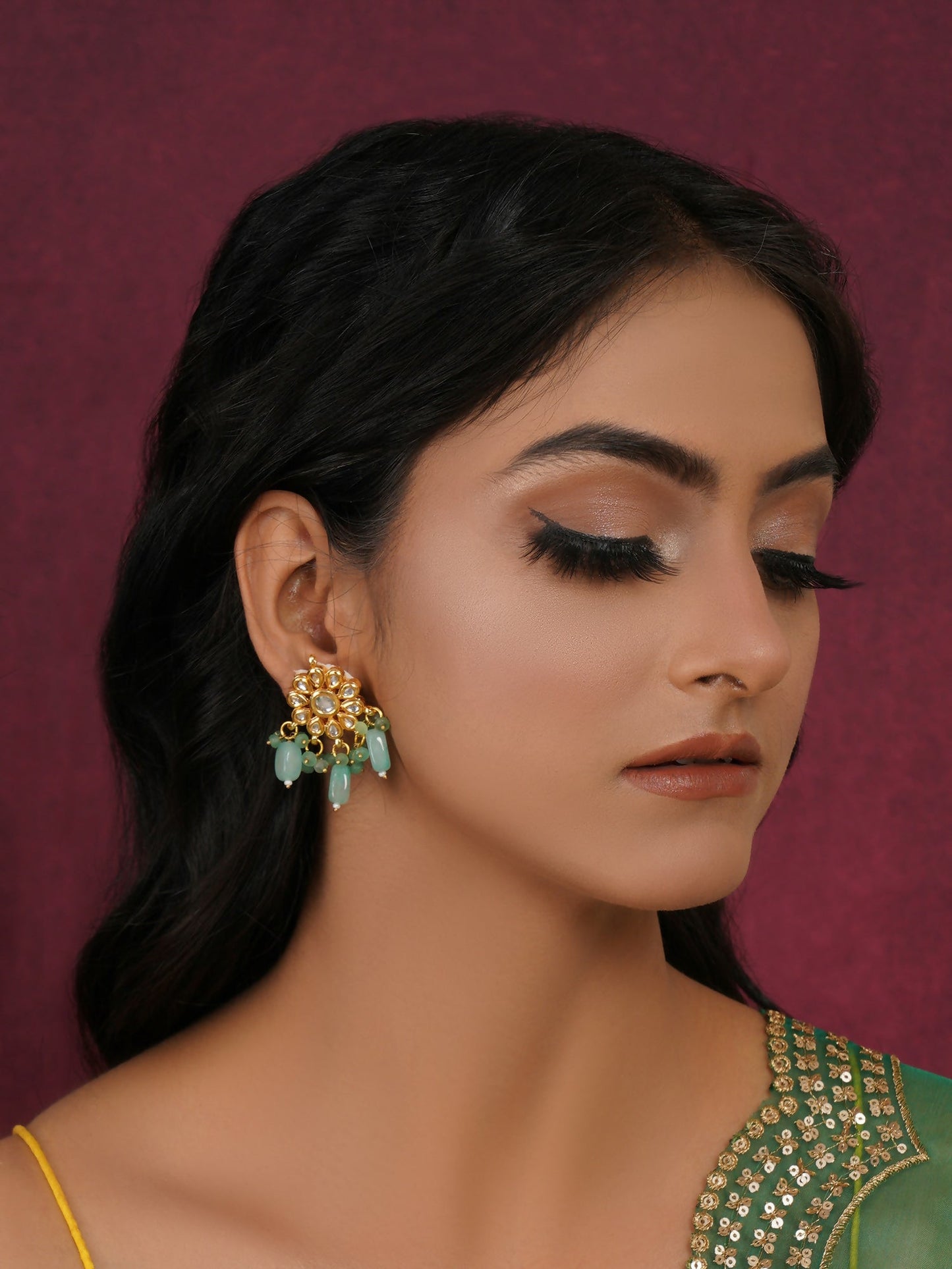 Mint Stone Kundan Earrings (Gold) - Ruby Raang - Ruby Raang Studio