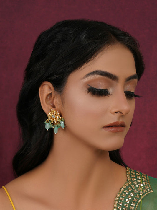 Mint Stone Kundan Earrings (Gold) - Ruby Raang - Ruby Raang Studio