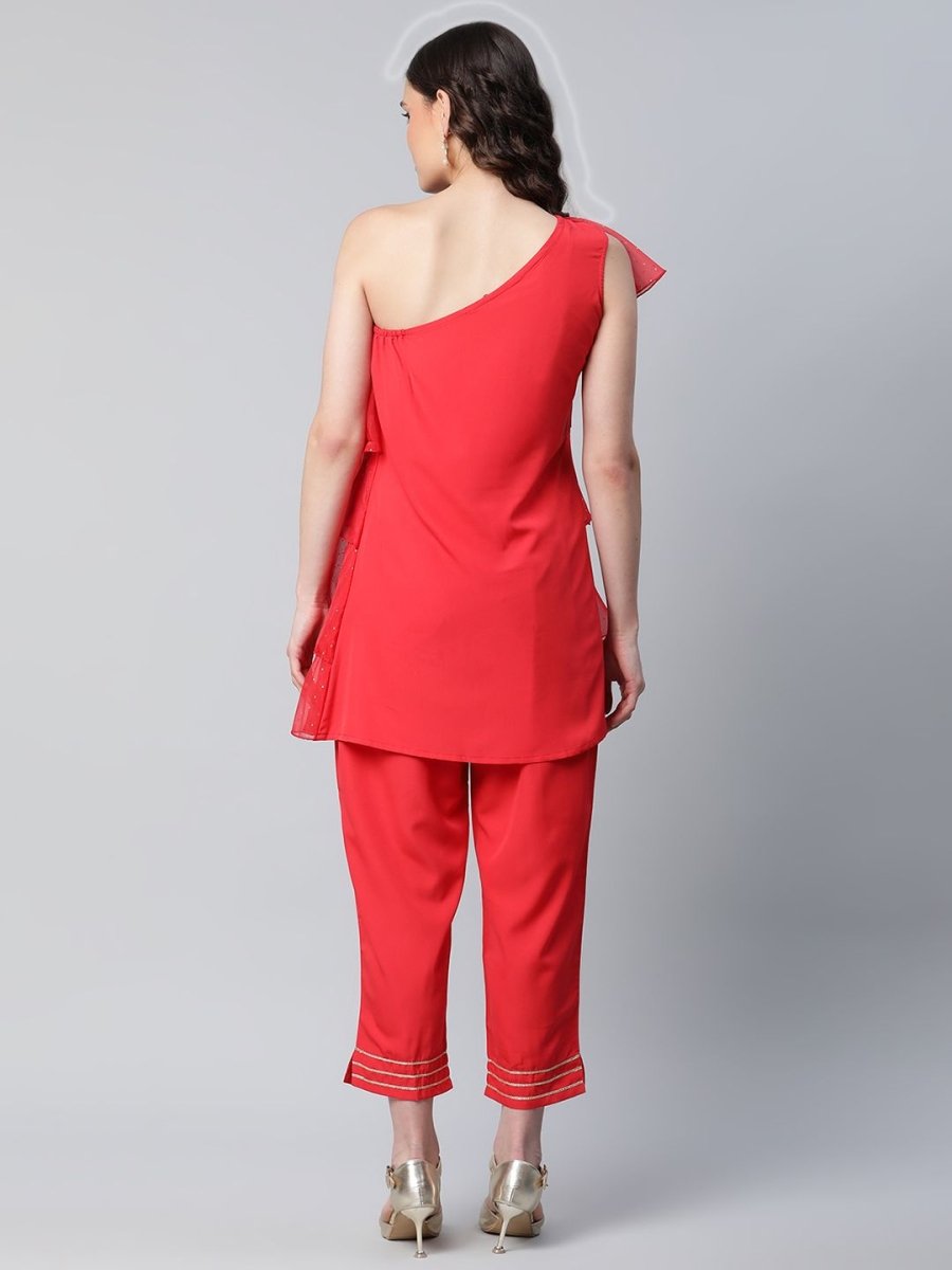 Ahalyaa Women Red Printed Layered Top with Trousers | Swadesiicart