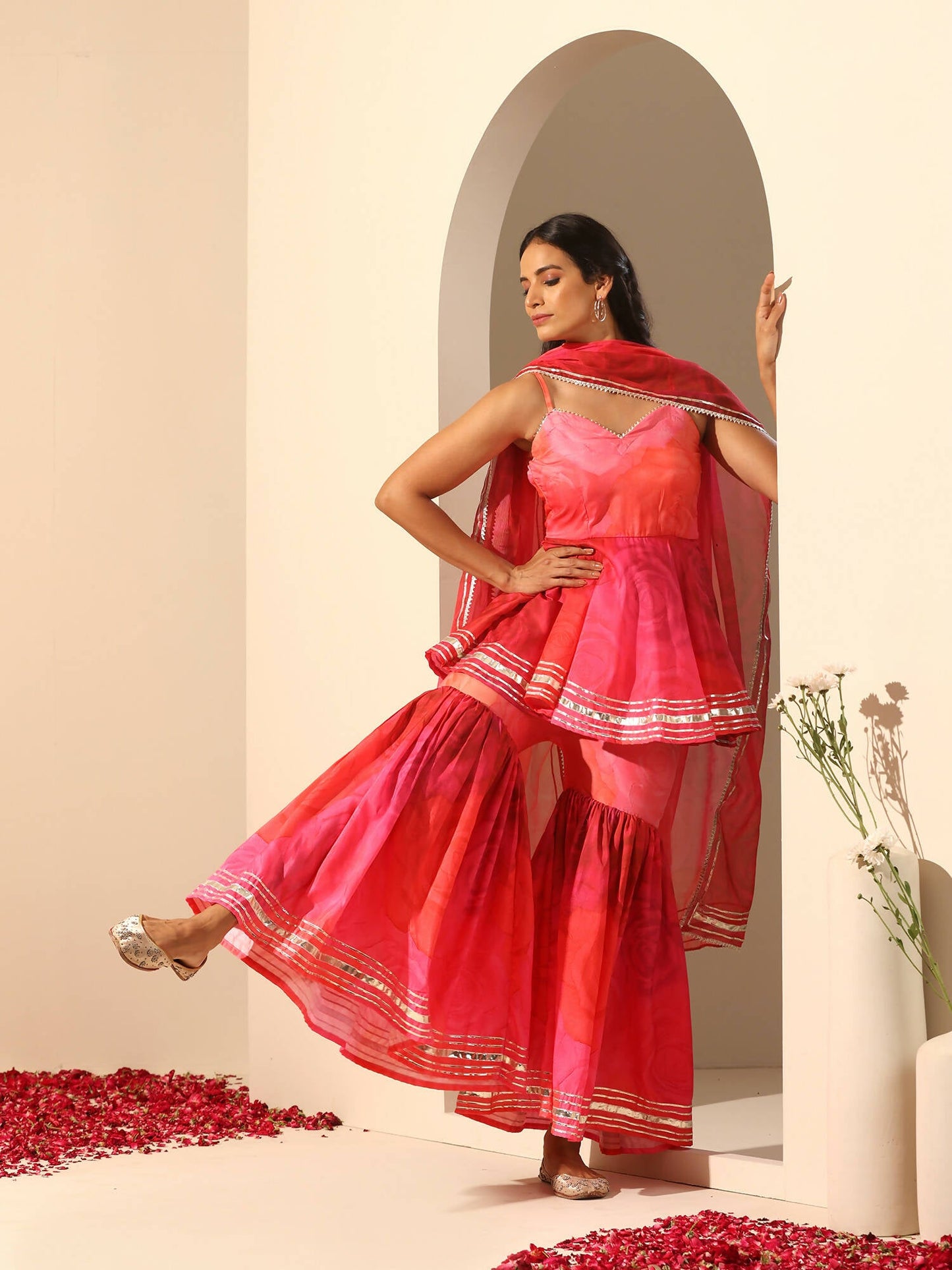 Pomcha Jaipur Pink Gul Bahaar Sharara Set | Swadesiicart
