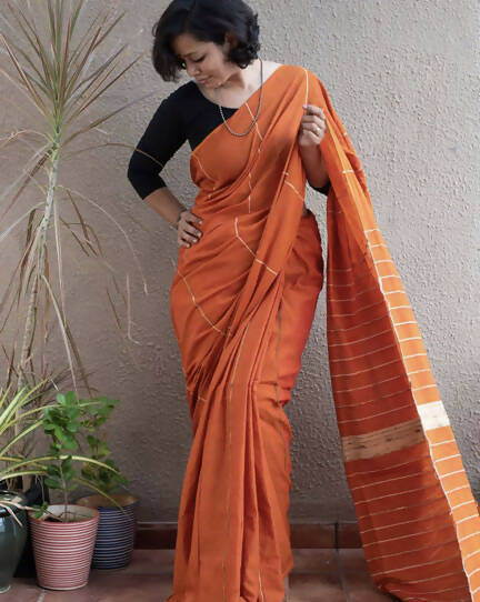 Exclusive Collection Khadi Cotton Handloom Khesh Saree With Blouse Piece - Orange - Swadesiicart