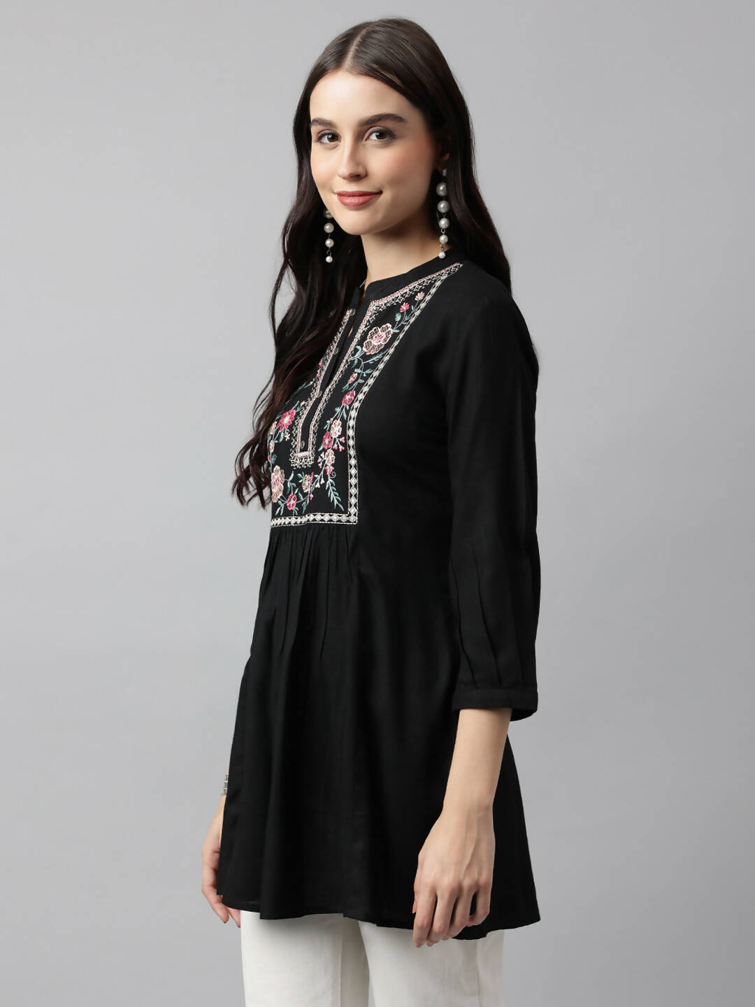 Black Rayon Yoke Embroidered A-line Top - Tarini - Swadesiicart