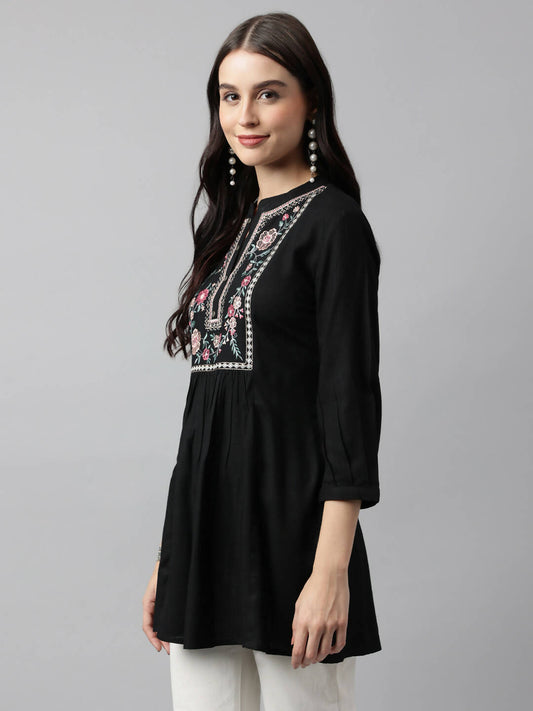 Black Rayon Yoke Embroidered A-line Top - Tarini - Swadesiicart