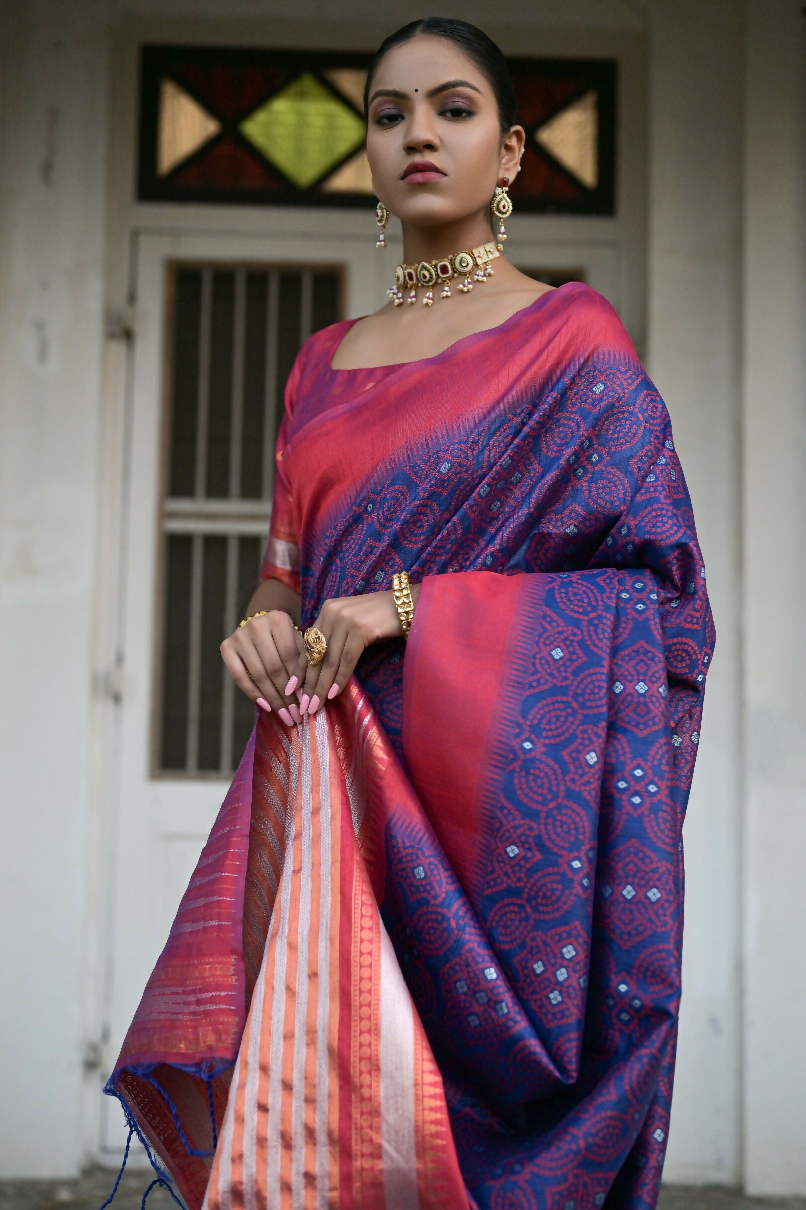 Vishnu Weaves Women's Blue Raw Silk Saree with Blouse - Swadesiicart
