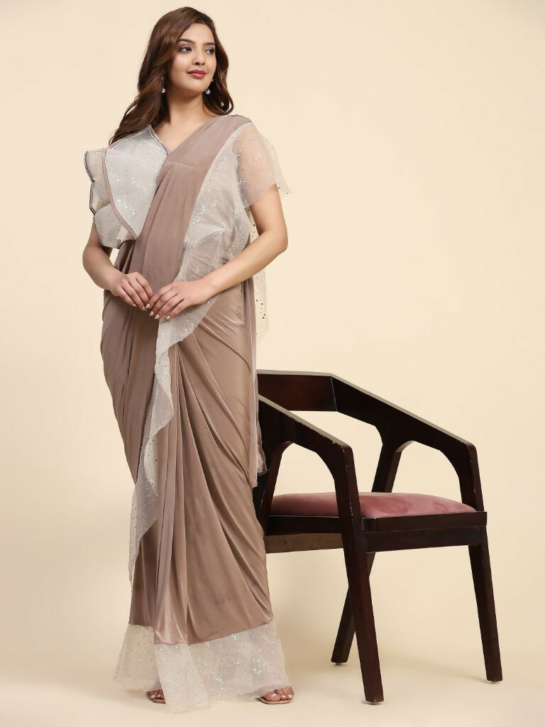 Light Brown Lycra Solid Ready to Wear Saree with stitched Blouse - Nita | Swadesiicart