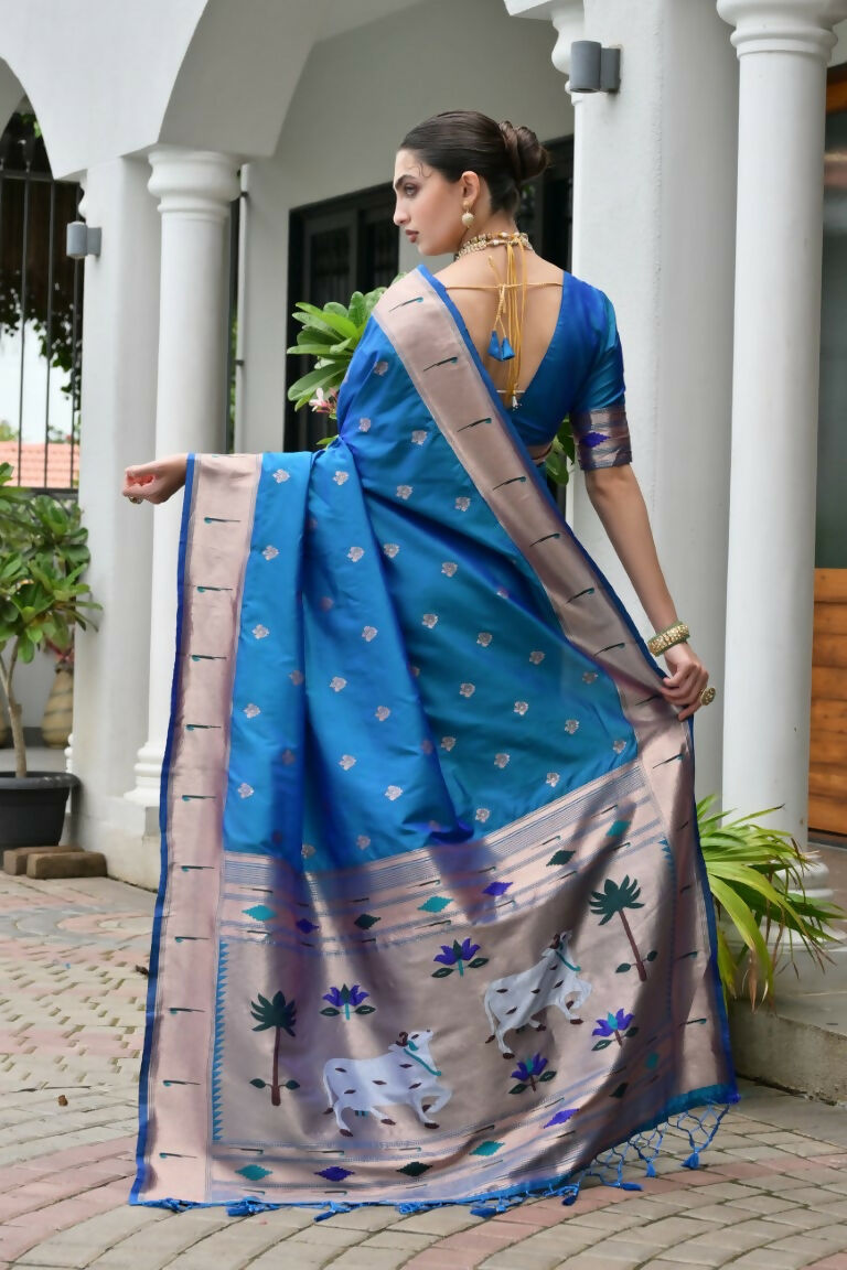Vishnu Weaves Women's Rama Paithani Silk Zari Woven Saree with Blouse - Swadesiicart