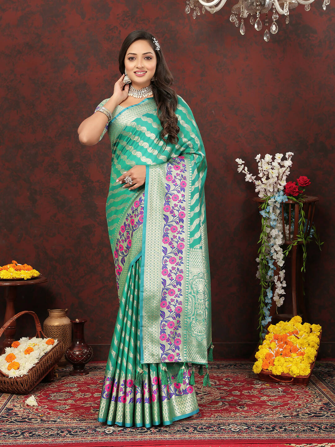 Lorenvalley Fashion Teal Soft Silk Woven Design with Zari Weaving Leheriya Design Saree - Swadesiicart