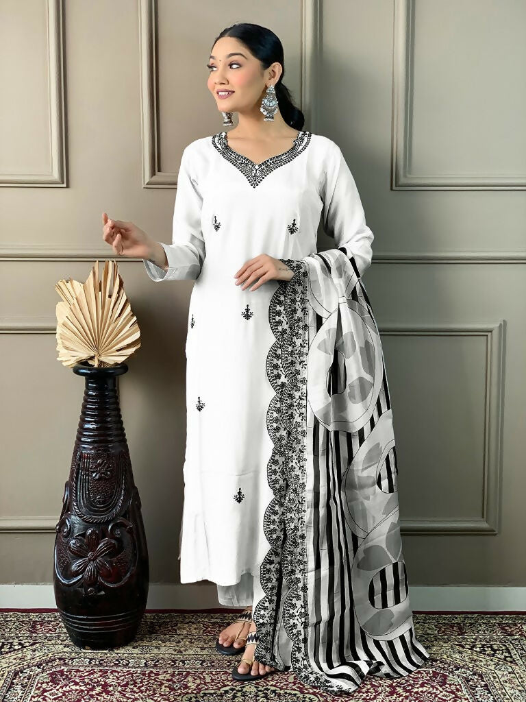 White Viscose chanderi Stitched Suit With Dupatta - Tanisha | Swadesiicart
