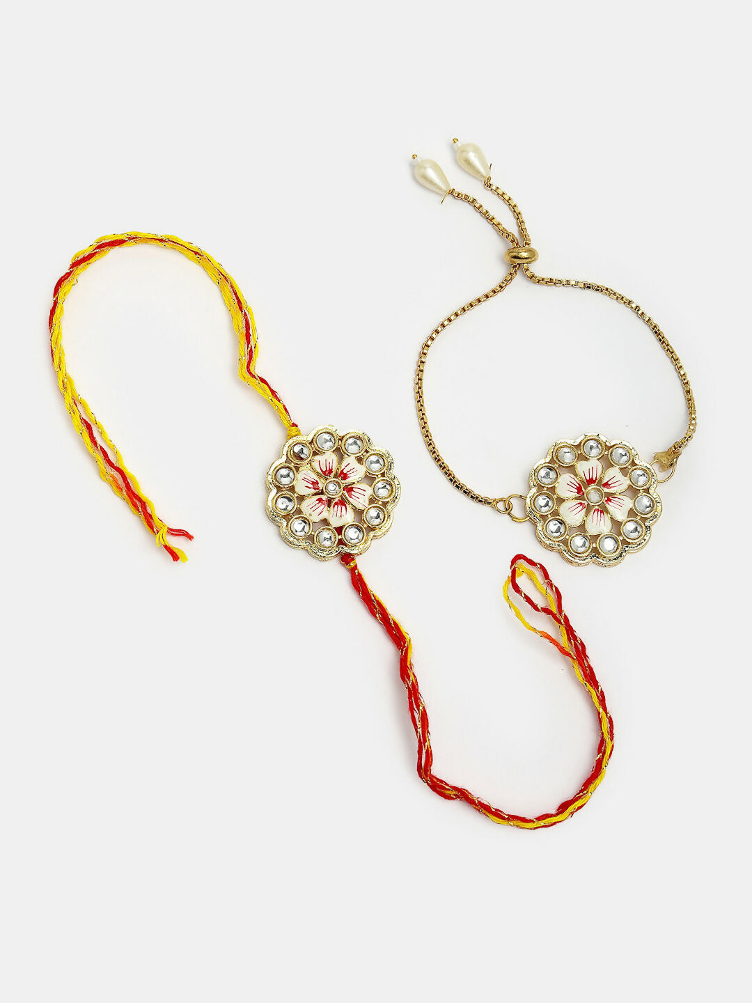 NVR Women & Men Set of 2 Gold Kundan-Studded Bhaiya Bhabhi Rakhi Set With Roli Chawal | Swadesiicart