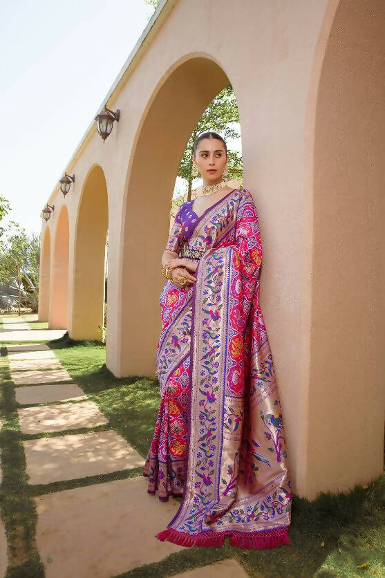 Vishnu Weaves Women's Rani Pink Paithani Silk Zari Woven Saree with Unstitched Blouse - Swadesiicart