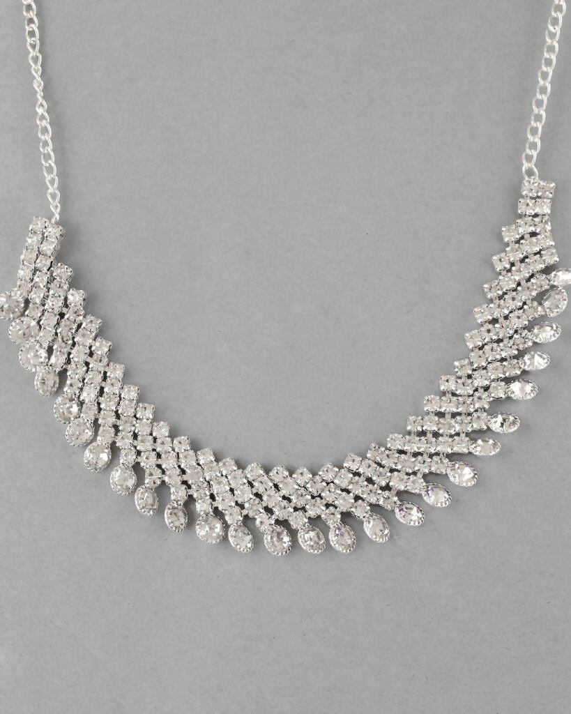 VOJ Silver Plated AD Stone Studded Necklace With Earrings Jewellery Set - Swadesiicart