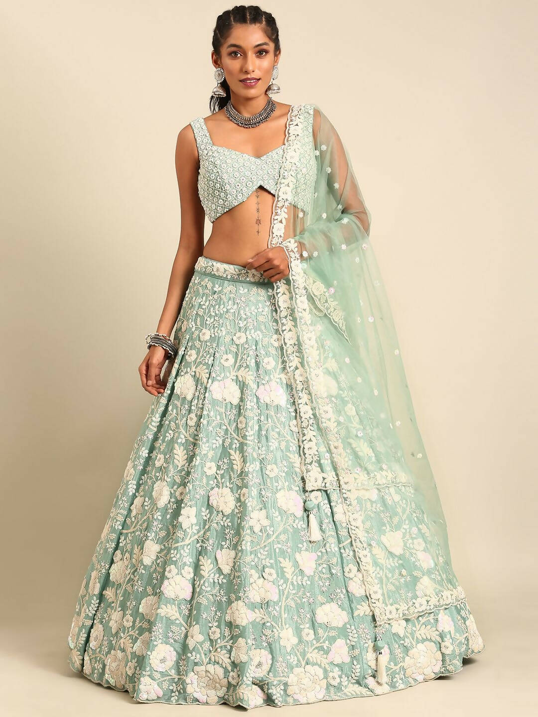 House of Panchhi Sea Green Chinon Sequins and Zarkan embroidery Lehenga choli & Dupatta | Swadesiicart