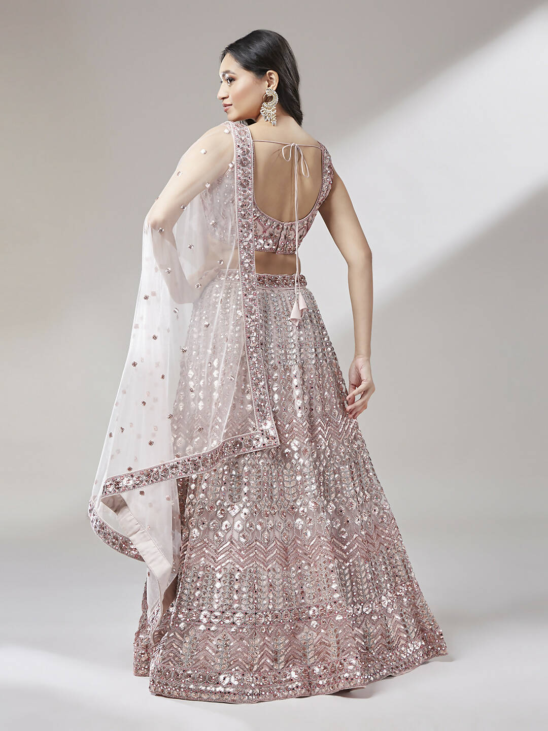 House of Panchhi Rose Gold Net Mirror & Sequinse embroidery Lehenga choli & Dupatta | Swadesiicart