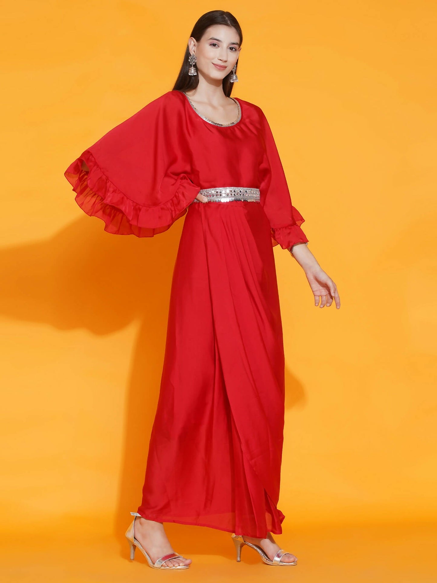 Women Republic Red Georgette Gown With Embellished Belt | Swadesiicart