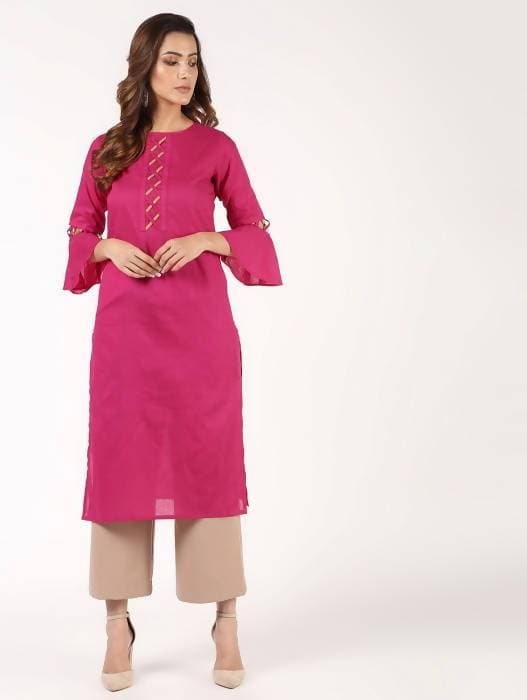 Aniyah Cotton Criss Cross Bell Sleeves Magenta Straight Kurta (AN-144K) - Swadesiicart