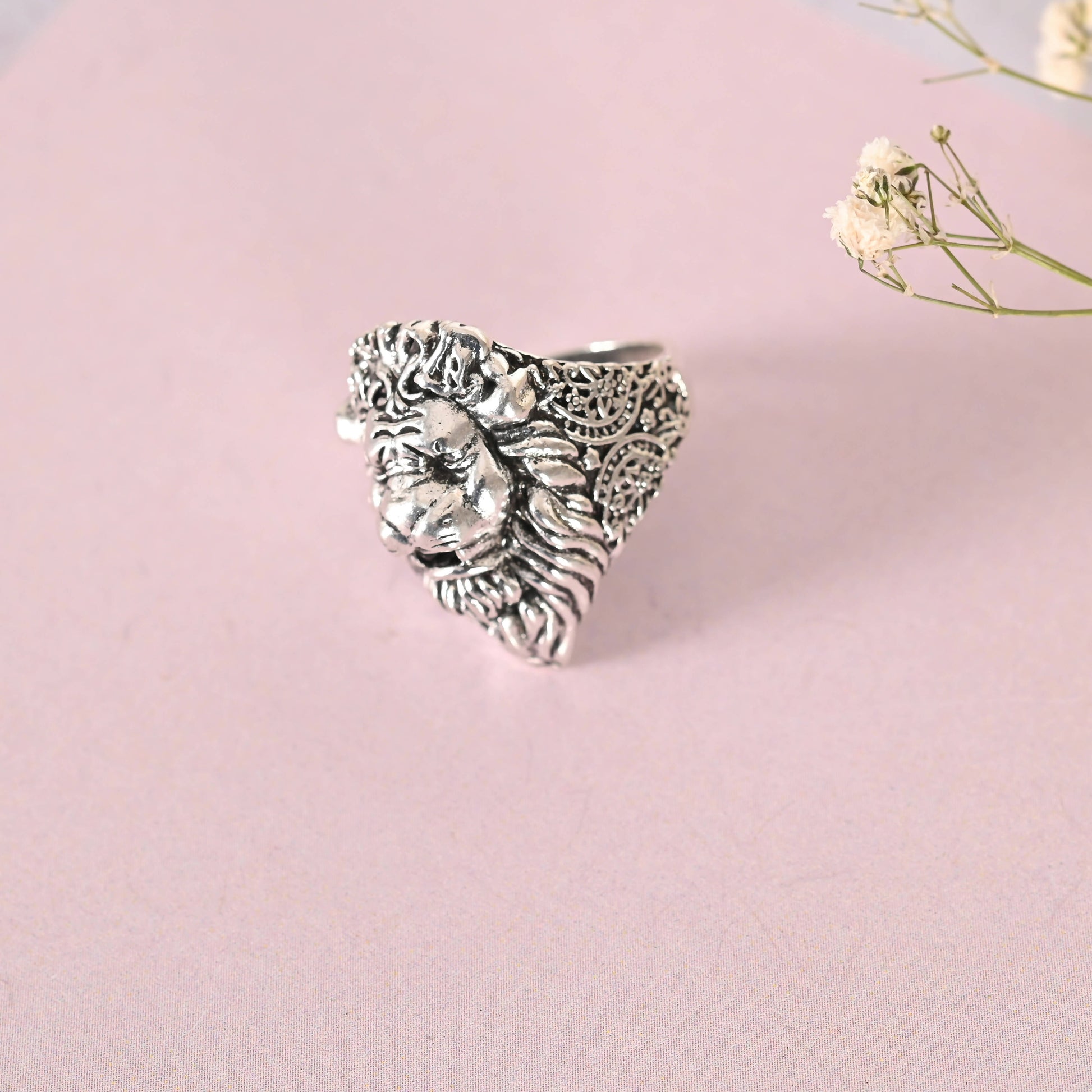 NVR Men Silver-Plated Lion Face Finger Ring | Swadesiicart