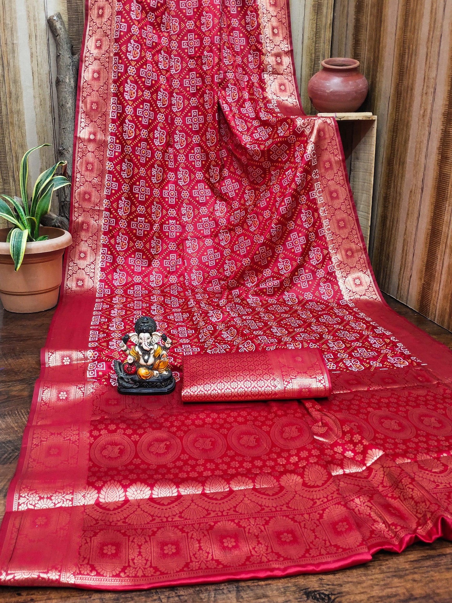 Anaita Red Soft Satin Silk Bandhej Print Saree With Kanchi Zari Weaving Border