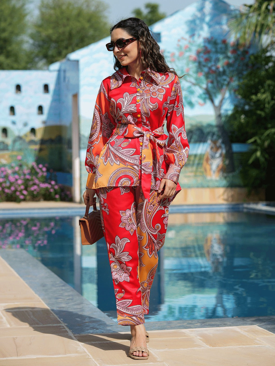Yufta Red And Yellow Printed Satin Co-Ords - Swadesiicart