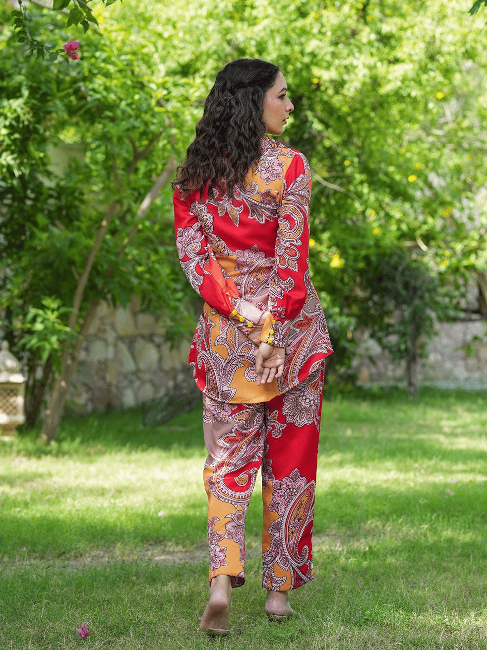 Yufta Red And Yellow Printed Satin Co-Ords - Swadesiicart