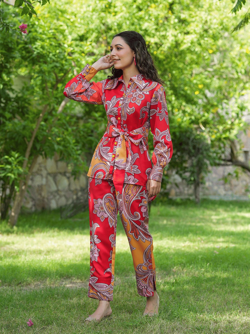 Yufta Red And Yellow Printed Satin Co-Ords - Swadesiicart