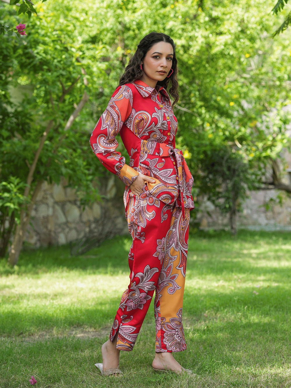 Yufta Red And Yellow Printed Satin Co-Ords - Swadesiicart