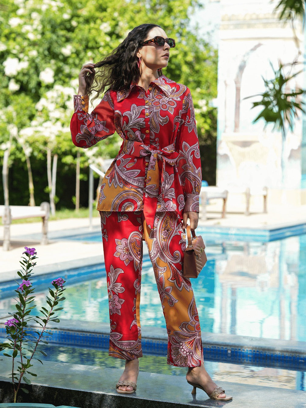 Yufta Red And Yellow Printed Satin Co-Ords - Swadesiicart
