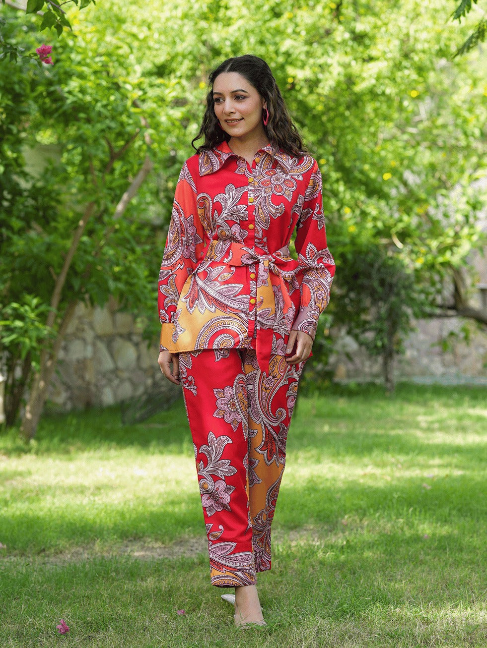 Yufta Red And Yellow Printed Satin Co-Ords - Swadesiicart