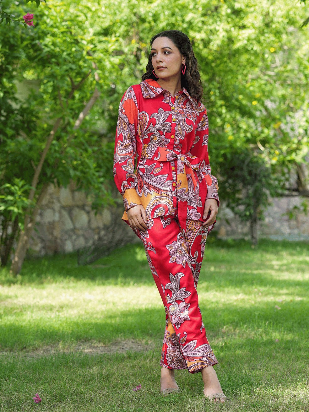 Yufta Red And Yellow Printed Satin Co-Ords - Swadesiicart