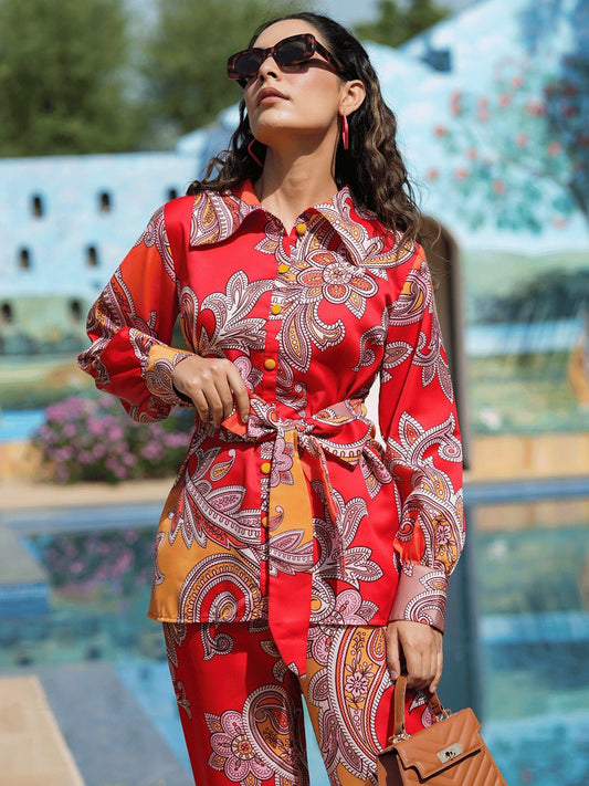 Yufta Red And Yellow Printed Satin Co-Ords - Swadesiicart