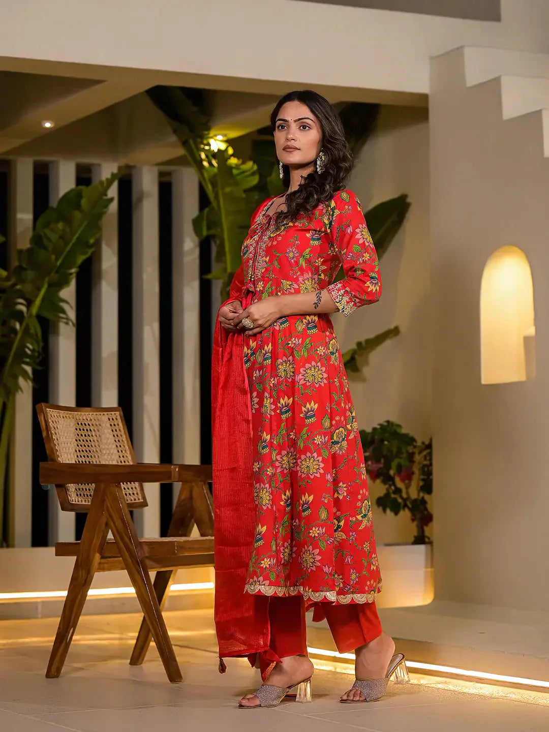 Yufta Red Dori Embroidery Voile Anarkali Kurta With Trousers With Dupatta Set - Swadesiicart