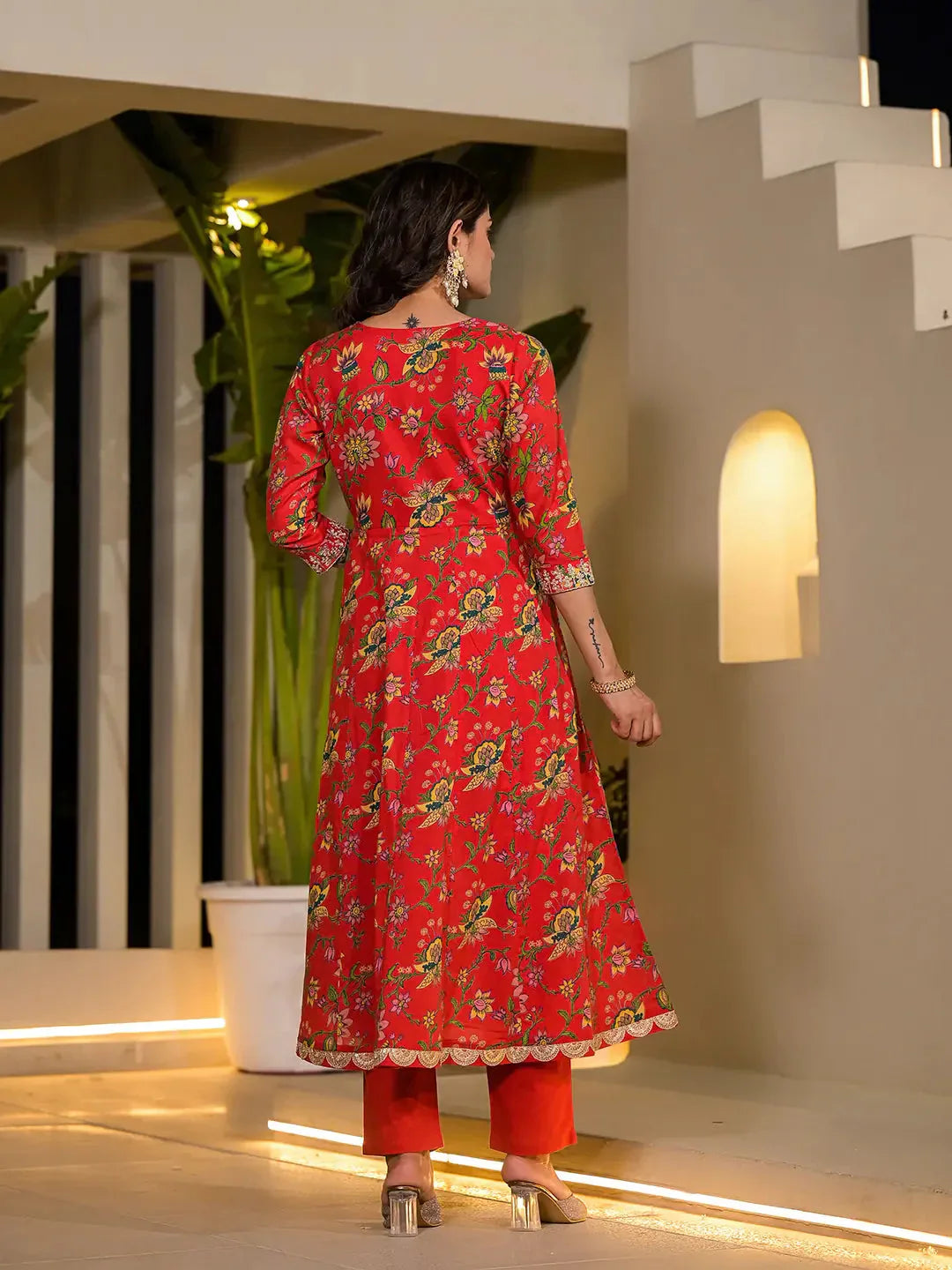 Yufta Red Dori Embroidery Voile Anarkali Kurta With Trousers With Dupatta Set - Swadesiicart